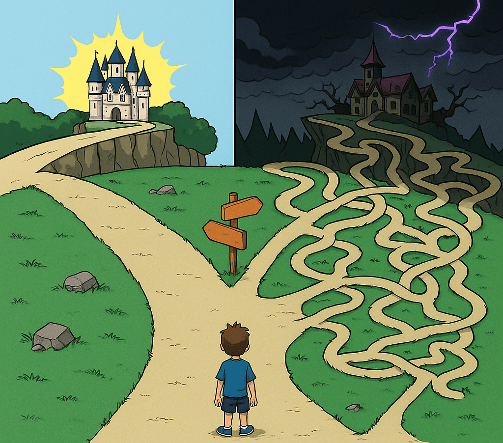 Depiction of two paths someone has around information architecture: clarity or chaos